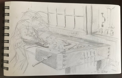 Grandpa at work in his shop.
  From my sketchbook, not for sale.   
  Refined drawing will follow.